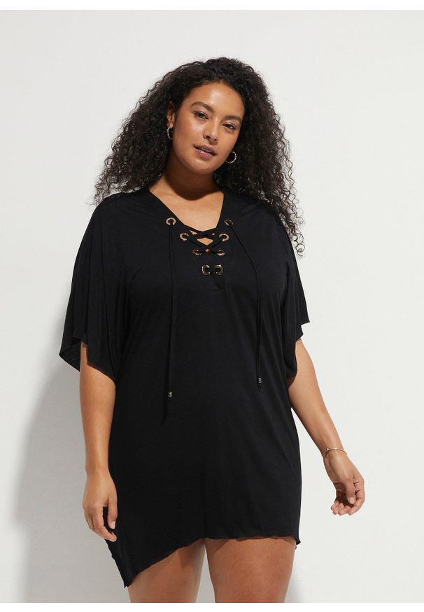 bonprix - Prześwitująca tunika plażowa z wiskozy. Okazja: na plażę. Kolor: czarny. Materiał: wiskoza