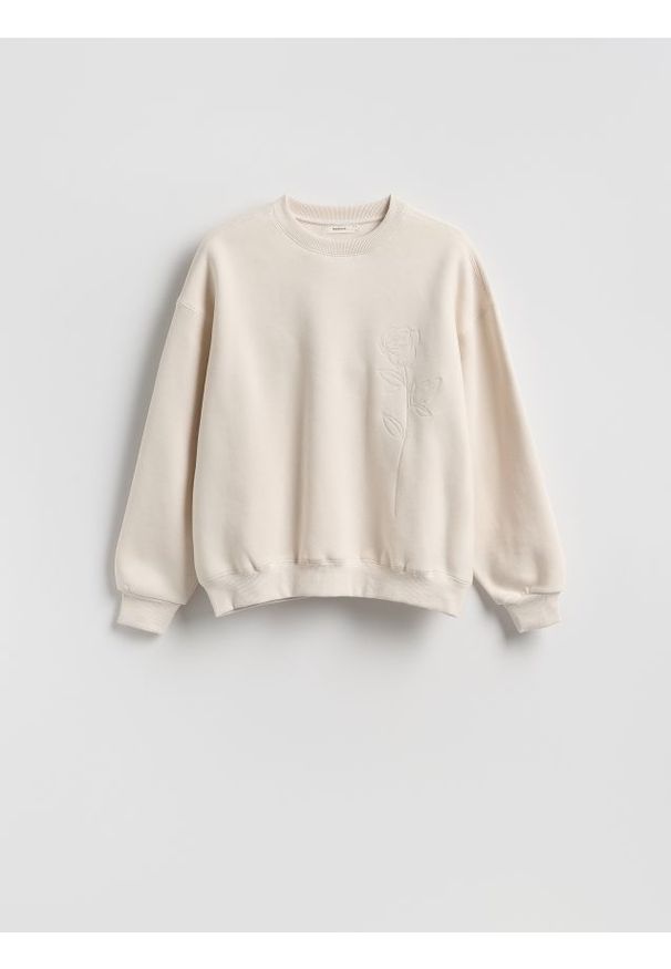 Reserved - Bluza z haftem - beżowy. Kolor: beżowy. Materiał: dzianina, bawełna. Wzór: haft
