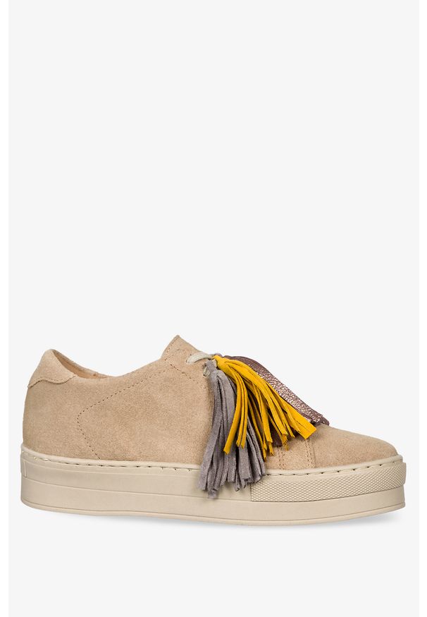 Casu - Beżowe trampki skórzane creepersy z frędzlami sznurowane produkt polski casu 2691-775. Kolor: beżowy. Materiał: skóra