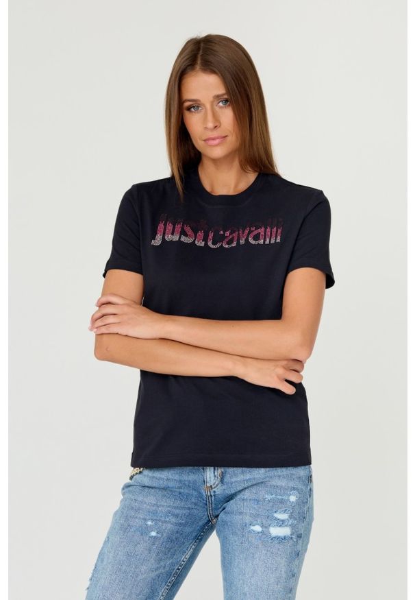 Just Cavalli - JUST CAVALLI Czarny t-shirt R LOGO CRYSTAL. Kolor: czarny. Materiał: bawełna