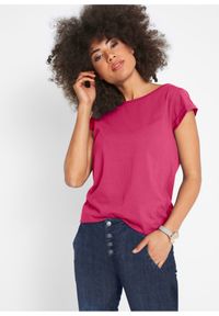 bonprix - Shirt bawełniany, krótki rękaw. Kolor: różowy. Materiał: bawełna. Długość rękawa: krótki rękaw. Długość: krótkie #1