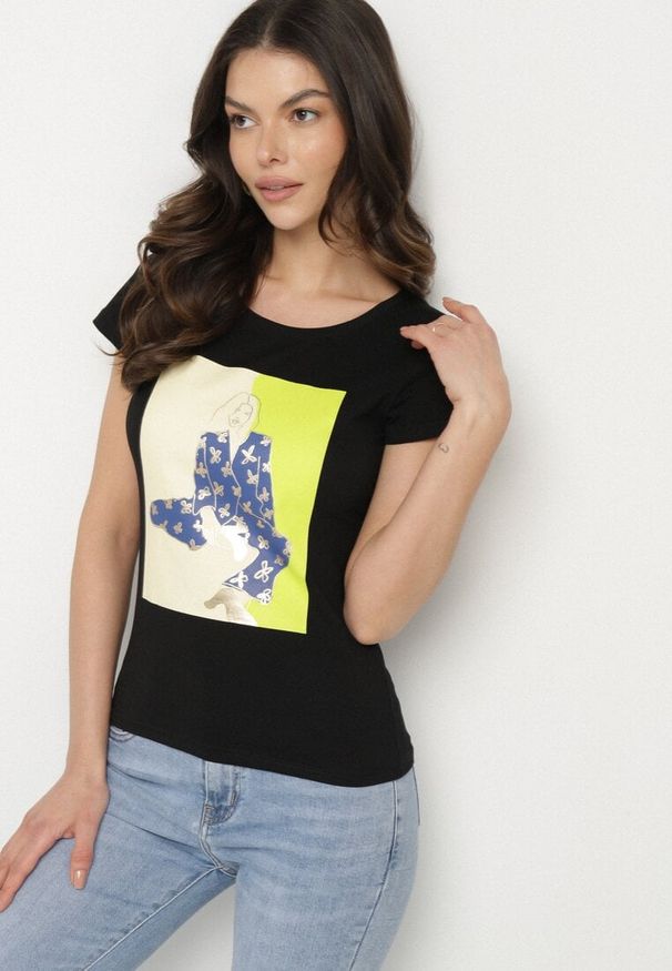 Born2be - Czarny Bawełniany T-shirt z Ozdobnym Nadrukiem Setonisea. Okazja: na co dzień. Kolor: czarny. Materiał: bawełna. Wzór: nadruk. Styl: casual