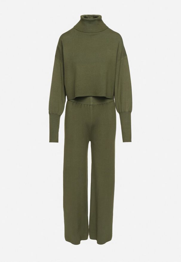 Born2be - Zielony Komplet Dzianinowy z Wiskozą Bluza Golf ze Ściągaczami i Szerokie Spodnie Noridra. Kolor: zielony. Materiał: wiskoza, dzianina