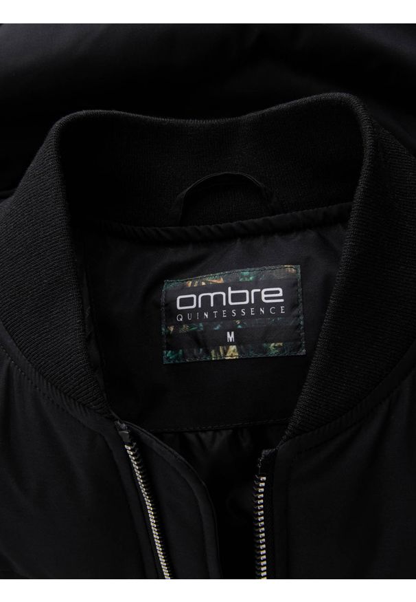 Ombre Clothing - Pikowana kurtka męska bomberka z metalowymi zamkami - czarna V1 OM-JALP-0143 - XXL. Kolor: czarny. Materiał: poliester. Wzór: nadruk