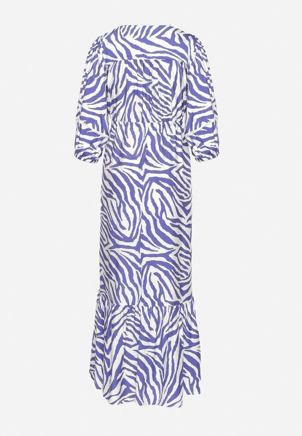 Born2be - Granatowa Sukienka z Bawełny i Wiskozy w Abstrakcyjne Paski ze Sznurkiem w Talii Navarae. Okazja: na co dzień. Kolor: niebieski. Materiał: wiskoza, bawełna. Wzór: paski. Typ sukienki: proste. Styl: casual, wizytowy