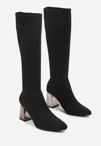 Renee - Czarne Eleganckie Kozaki VICES na Metalicznym Obcasie ze Skarpetkową Cholewką Nalaina. Okazja: na co dzień. Kolor: czarny. Materiał: skóra. Szerokość cholewki: normalna. Obcas: na obcasie. Styl: elegancki. Wysokość obcasa: średni #4