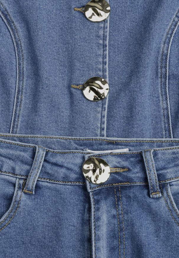 Renee - Niebieski Jeansowy Komplet z Bawełny Wide Leg Jeans i Kamizelka na Guziki Noena. Kolor: niebieski. Materiał: bawełna, jeans