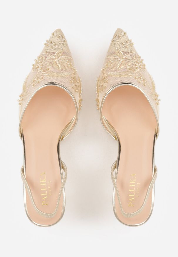 Born2be - Złote Czółenka Siateczkowe na Szpilce Ozdobione Perełkami i Haftami Vilania. Okazja: na co dzień. Zapięcie: pasek. Kolor: złoty. Materiał: satyna. Wzór: haft, aplikacja. Obcas: na szpilce. Styl: casual, klasyczny, elegancki