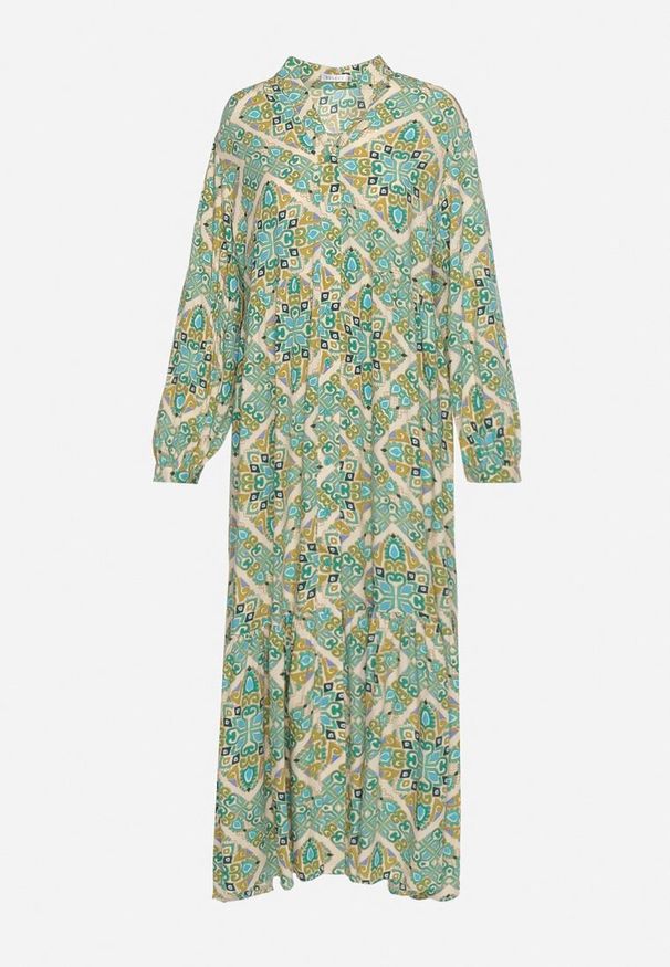 Born2be - Zielona Rozkloszowana Sukienka z Wiskozy Zapinana na Guziki z Falbanką Nrines. Okazja: na co dzień. Typ kołnierza: dekolt w kształcie V. Kolor: zielony. Materiał: wiskoza. Długość rękawa: długi rękaw. Styl: casual, elegancki