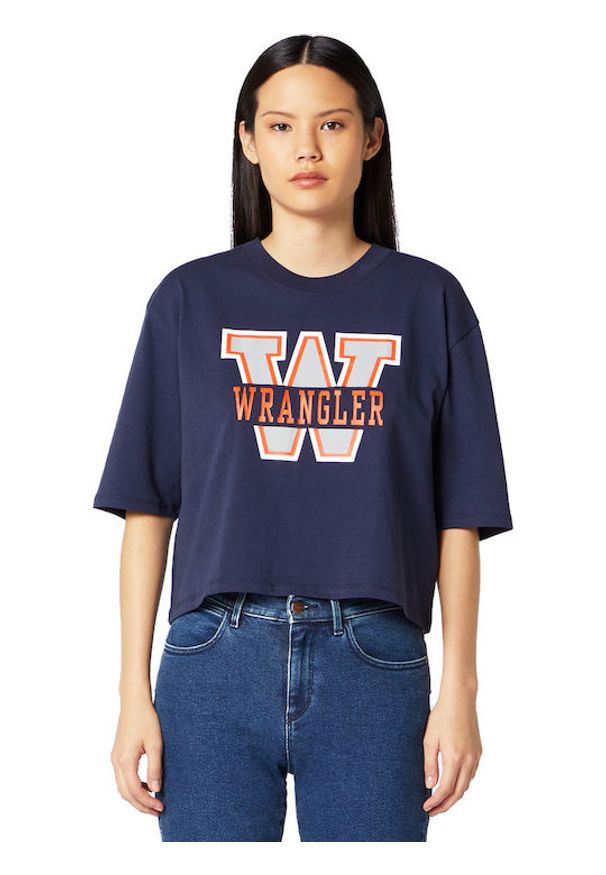 Wrangler - WRANGLER BOYFRIEND CROP TEE DAMSKI T-SHIRT KOSZULKA Z KRÓTKIM RĘKAWEM LOGO NADRUK NAVY W7P6GF114 112132064. Długość rękawa: krótki rękaw. Długość: krótkie. Wzór: nadruk