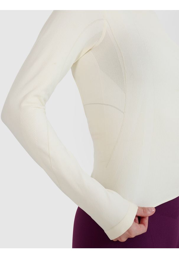 4f - 4F Longsleeve do jogi i pilatesu z wycięciem na plecach damski - biały XS/S. Kolor: biały. Materiał: materiał, prążkowany, skóra, syntetyk, włókno, dzianina. Długość rękawa: długi rękaw. Długość: długie. Wzór: prążki. Sport: joga i pilates
