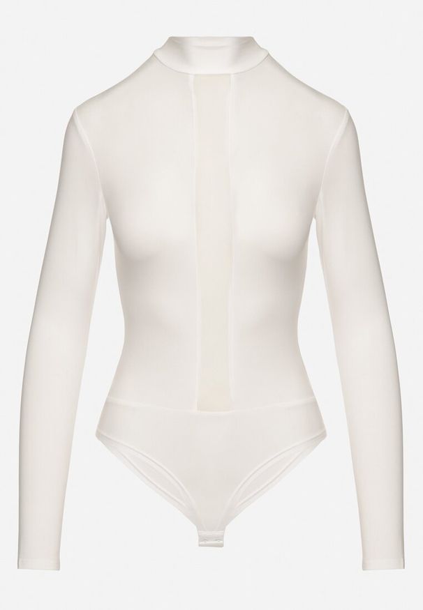 Born2be - Białe Body z Transparentną Wstawką i Długim Rękawem Gaatha. Kolor: biały. Materiał: materiał. Długość rękawa: długi rękaw. Długość: długie