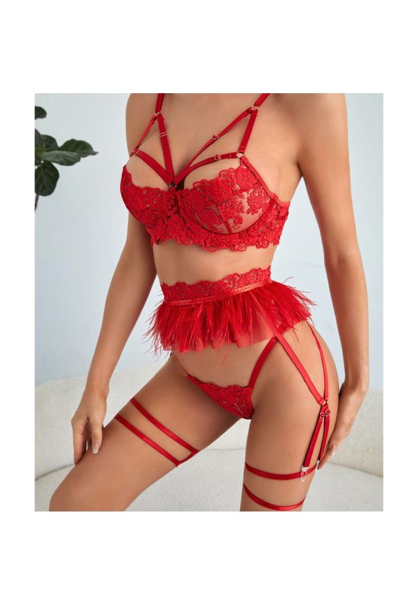 Intica - Komplet bielizny z koronką i piórkami elegancki Gitza. Kolor: czerwony. Materiał: koronka. Wzór: koronka