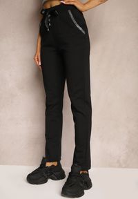 Renee - Czarne Dresowe Spodnie z Gumką w Pasie High Waist z Cyrkoniami Bravur. Stan: podwyższony. Kolor: czarny. Materiał: dresówka #5