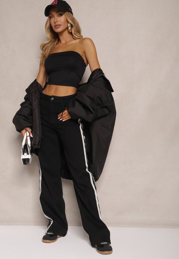 Renee - Czarne Jeansy High Waist o Szerokim Kroju z Ozdobnymi Lampasami Ulivira. Okazja: na co dzień. Stan: podwyższony. Kolor: czarny. Styl: elegancki, casual