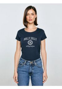 Big-Star - Koszulka damska z nadrukiem granatowa Serra 403. Okazja: na co dzień. Kolor: niebieski. Materiał: dzianina, bawełna, jeans. Długość rękawa: krótki rękaw. Długość: krótkie. Wzór: nadruk. Sezon: zima. Styl: wizytowy, casual, retro, klasyczny #1