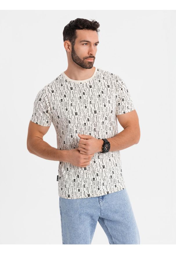 Ombre Clothing - Koszulka bawełniana z nadrukiem i okrągłym dekoltem – kremowa V1. Okazja: na co dzień. Kolor: kremowy. Materiał: bawełna. Długość rękawa: krótki rękaw. Długość: krótkie. Wzór: nadruk. Styl: klasyczny, casual