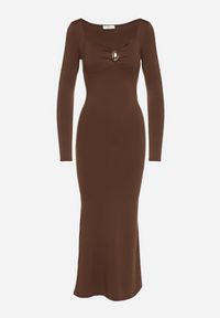 Born2be - Brązowa Sukienka z Wiskozą Ozdobiona Metalową Klamrą Refira. Okazja: na co dzień. Kolor: brązowy. Materiał: wiskoza. Wzór: aplikacja. Typ sukienki: proste. Styl: wizytowy, casual, elegancki #4