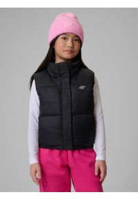 4f - 4F Bezrękawnik z wypełnieniem syntetycznym dziewczęcy - czarny 122 (6-7 lat). Okazja: na spacer, na co dzień, na uczelnię. Typ kołnierza: kołnierzyk stójkowy. Kolor: czarny. Materiał: syntetyk. Długość rękawa: bez rękawów. Sezon: lato. Styl: casual #1
