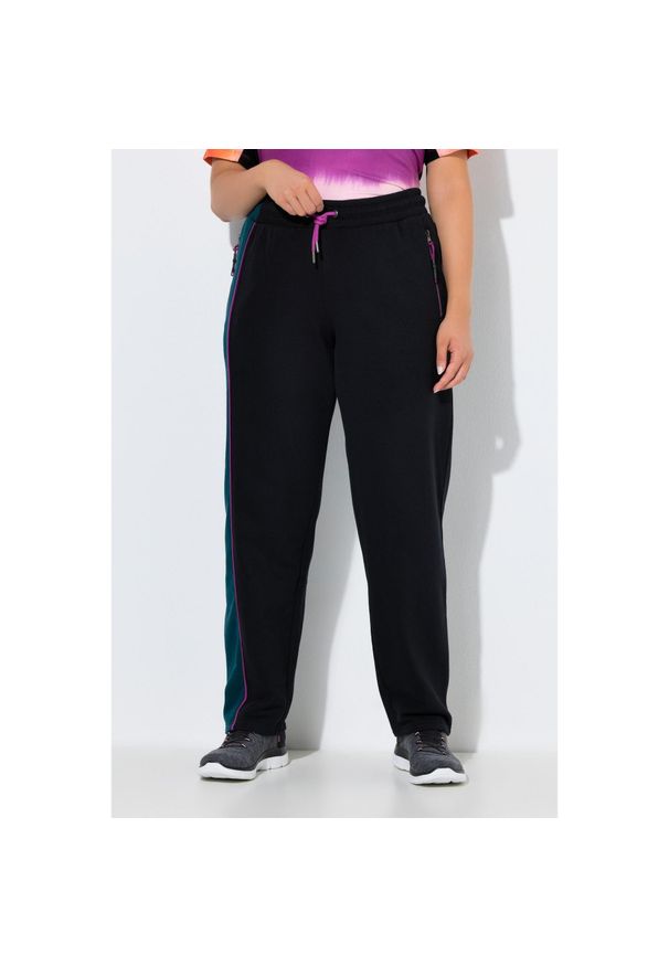 ULLA POPKEN - Damskie Spodnie dresowe bloki kolorów kieszenie zapinane na zamek elastyczny pas. Kolekcja: plus size. Kolor: czarny. Materiał: poliester, bawełna, materiał. Sport: joga i pilates