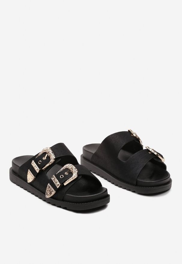 Born2be - Czarne Płaskie Klapki z Regulowanymi Ozdobnymi Sprzączkami Lamicia. Kolor: czarny. Materiał: jeans, len. Wzór: aplikacja. Styl: klasyczny