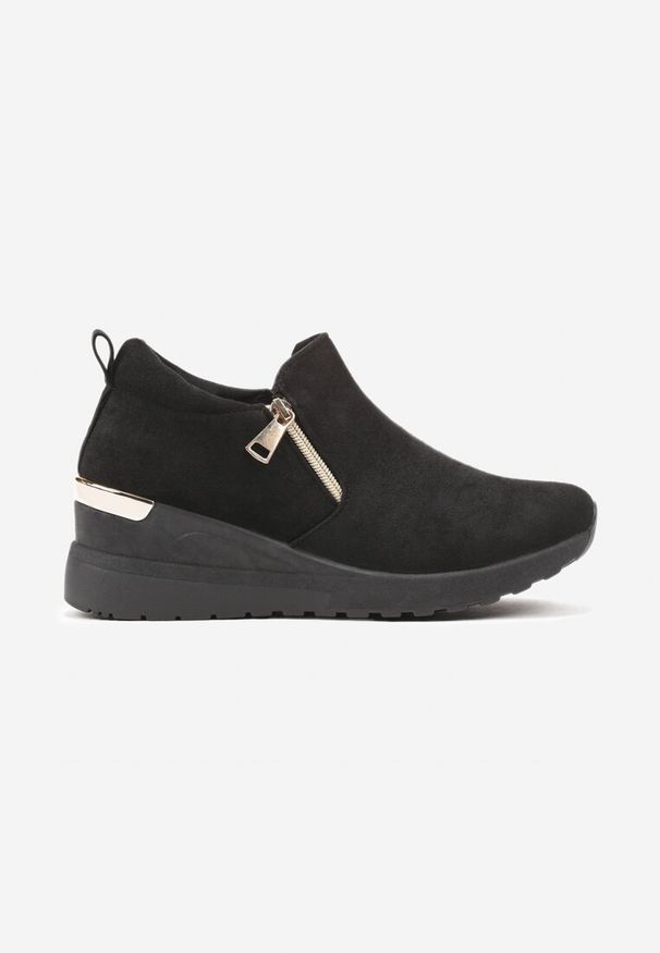 Renee - Czarno-Złote Sneakersy na Koturnie z Ozdobnym Suwakiem z Boku Daivira. Okazja: na co dzień. Nosek buta: okrągły. Kolor: czarny. Materiał: jeans, skóra. Obcas: na koturnie