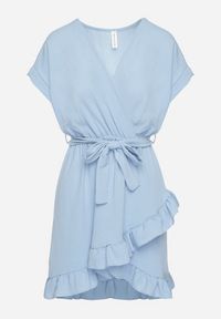 Born2be - Jasnoniebieska Rozkloszowana Sukienka Ozdobiona Falbanami i Paskiem Zivene. Okazja: na imprezę. Kolor: niebieski. Wzór: aplikacja. Sezon: wiosna, lato. Styl: elegancki #3