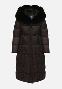 Born2be - Czarna Długa Kurtka Puchowa z Pikowanymi Przeszyciami i Kapturem z Futrem Zevea. Okazja: na spacer, na co dzień. Kolor: czarny. Materiał: futro, puch. Długość: długie. Styl: casual, elegancki #5