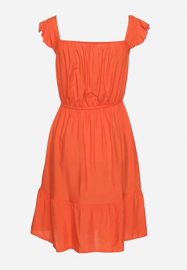 Born2be - Pomarańczowa Sukienka z Wiskozą o Rozkloszowanym Kroju z Gumką w Pasie Lirimere. Okazja: na co dzień. Typ kołnierza: kołnierz z falbankami. Kolor: pomarańczowy. Materiał: wiskoza. Długość rękawa: na ramiączkach. Styl: elegancki, casual