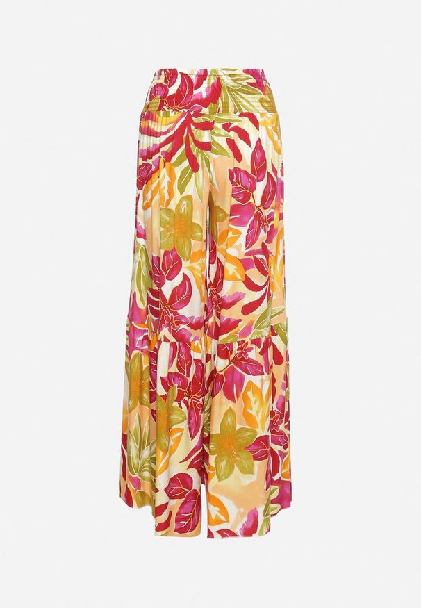 Born2be - Żółto-Różowe Wiskozowe Spodnie Typu Palazzo z Cienkimi Gumkami w Pasie i Wysokim Stanem Graesta. Okazja: na spotkanie biznesowe. Stan: podwyższony. Kolor: żółty. Materiał: wiskoza. Długość: długie. Styl: elegancki, biznesowy