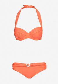 Born2be - Pomarańczowe 2-Częściowe Bikini Stanik Zapinany na Szyi Majtki z Ozdobną Aplikacją Peviana. Kolor: pomarańczowy. Wzór: aplikacja