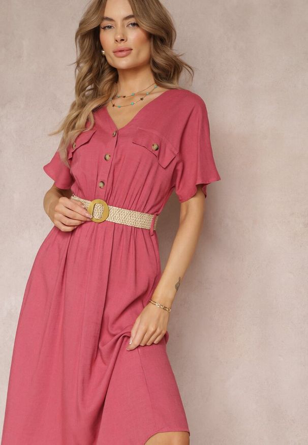 Renee - Ciemnoróżowa Koszulowa Sukienka Midi z Bawełny z Gumką w Talii i Plecionym Paskiem Emera. Kolor: różowy. Materiał: bawełna. Typ sukienki: koszulowe. Długość: midi