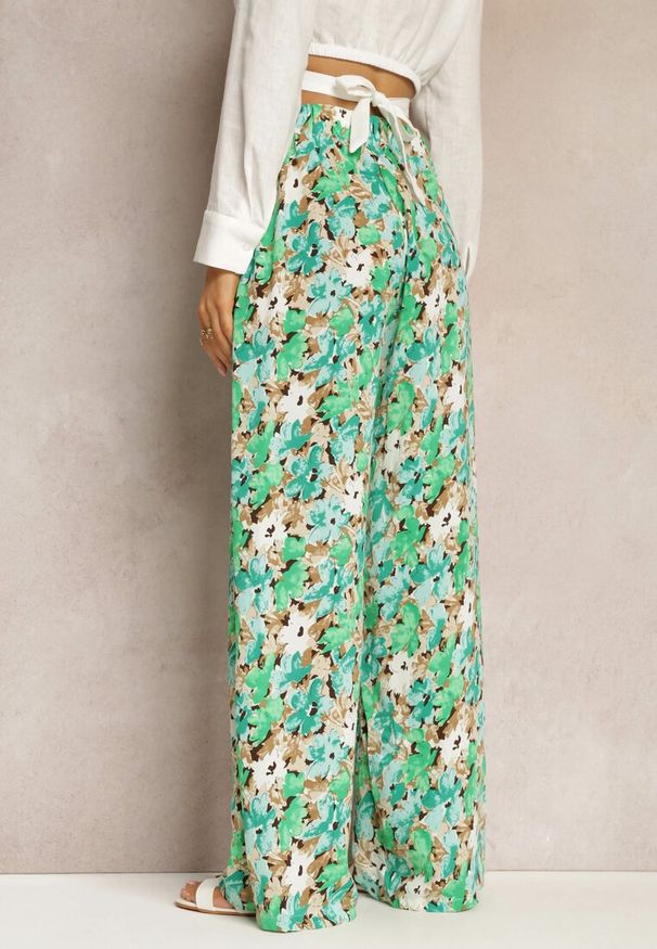 Renee - Zielone Długie Spodnie z Szerokimi Nogawkami oraz Kieszeniami i Materiałowym Paskiem Omina. Okazja: na plażę. Kolor: zielony. Materiał: materiał. Długość: długie. Wzór: kwiaty, nadruk