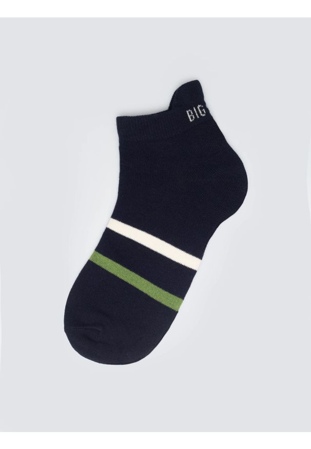 Big-Star - Stopki męskie z dwoma paskami granatowe Sherlock 403. Kolor: niebieski. Materiał: bawełna, materiał, włókno, skóra, denim