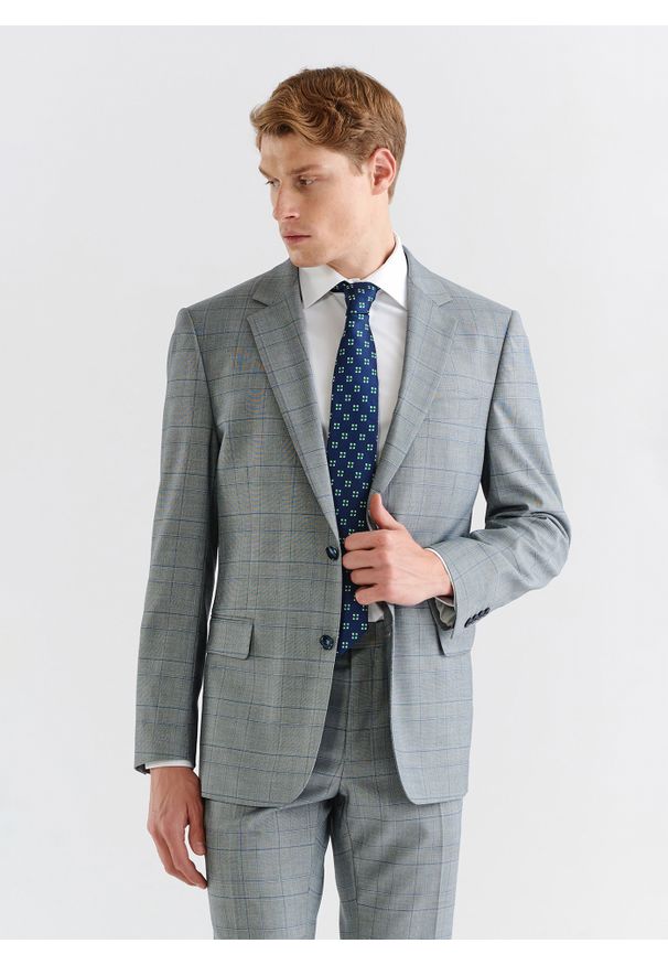 Pako Lorente - PAKO LORENTE – Szara marynarka garniturowa w niebieską kratę. Okazja: na co dzień. Kolor: szary, niebieski, wielokolorowy. Materiał: wiskoza, poliester, elastan. Sezon: lato. Styl: casual