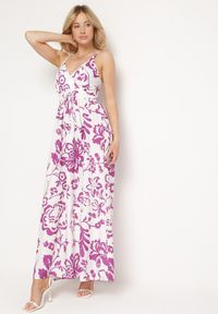 Born2be - Fioletowo-Biała Sukienka na Regulowanych Ramiączkach z Gumkami na Plecach Ściągana Troczkiem Harnela. Okazja: na co dzień. Kolor: fioletowy. Długość rękawa: na ramiączkach. Typ sukienki: proste. Styl: klasyczny, casual, elegancki #1