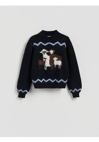 Reserved - Sweter ze wzorem - granatowy. Kolor: niebieski. Materiał: wełna, dzianina