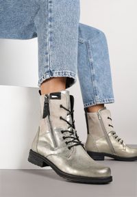 Born2be - Szaro-Złote Botki Workery ze Sznurowaniem i Zapięciem na Suwak Vemida. Okazja: na co dzień. Zapięcie: sznurówki. Kolor: szary. Materiał: jeans. Obcas: na obcasie. Styl: klasyczny, casual, elegancki. Wysokość obcasa: niski