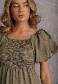 Renee - Ciemnozielona Sukienka z Wiskozy o Rozkloszowanym Kroju z Bufiastymi Rękawkami Rosena. Kolor: zielony. Materiał: wiskoza. Długość rękawa: krótki rękaw. Sezon: lato. Typ sukienki: rozkloszowane. Długość: maxi #8