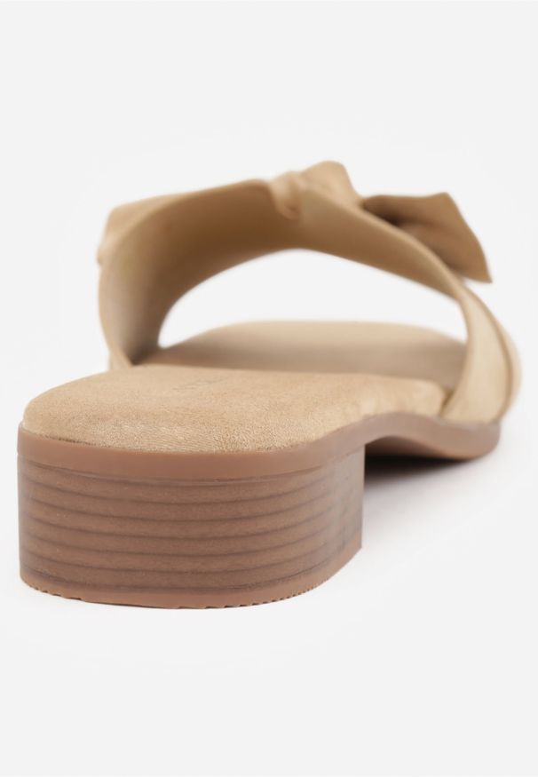 Renee - Beżowe Klapki VICES na Niskim Słupku z Ozdobną Kokardą z Imitacji Zamszu Mole. Okazja: na co dzień. Kolor: beżowy. Materiał: zamsz. Wzór: kwiaty, aplikacja. Sezon: lato. Obcas: na słupku. Styl: casual, elegancki. Wysokość obcasa: niski