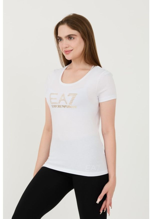 EA7 Emporio Armani - EA7 Biały damski t-shirt z cyrkoniami, Rozmiar XS. Kolor: biały