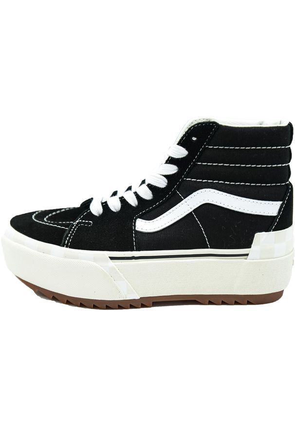 Buty do chodzenia damskie Vans SK8HI Stacked. Wysokość cholewki: za kostkę. Zapięcie: sznurówki. Kolor: czarny. Materiał: syntetyk, materiał. Szerokość cholewki: normalna. Obcas: na platformie. Model: Vans SK8. Sport: turystyka piesza, skateboard