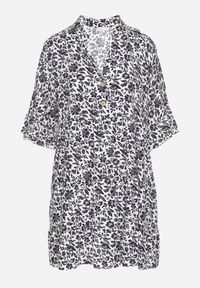 Born2be - Biało-Granatowa Bawełniana Sukienka w Kwiaty o Rozkloszowanym Kroju Jenaleira. Okazja: na co dzień. Typ kołnierza: dekolt w serek. Kolor: biały. Materiał: bawełna. Długość rękawa: krótki rękaw. Wzór: kwiaty. Styl: casual, klasyczny #6