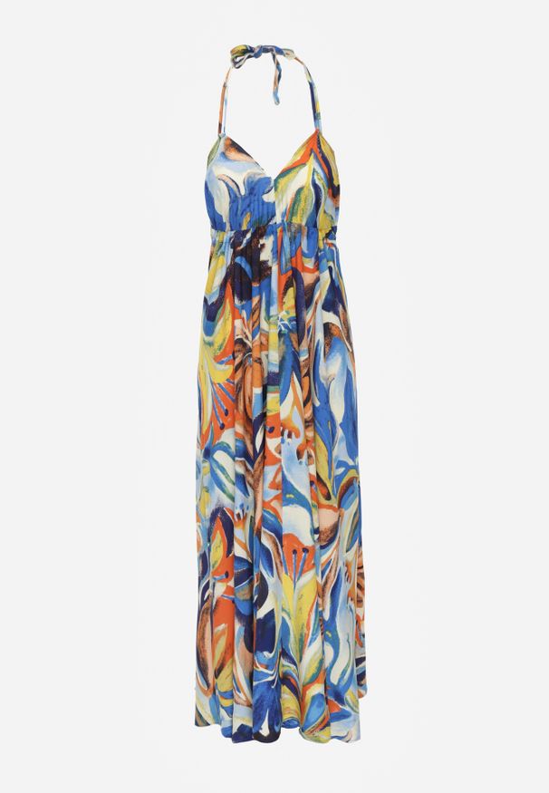 Renee - Niebiesko-Żółta Wiskozowa Sukienka Wiązana na Plecach i Szyi z Odcięciem pod Biustem Peridia. Okazja: na co dzień, na imprezę. Typ kołnierza: dekolt w kształcie V. Kolor: niebieski. Materiał: wiskoza. Sezon: wiosna, lato. Typ sukienki: dopasowane. Styl: boho, elegancki, casual