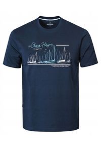 Męska Koszulka (T-Shirt) - Pako Jeans - Granatowa, Motyw Regatowy, Żeglarski. Okazja: na co dzień. Kolor: niebieski. Materiał: bawełna. Wzór: nadruk. Styl: casual #1