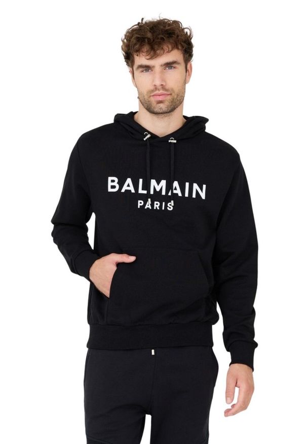 Balmain - BALMAIN Czarna męska bluza Printed Hoodie, Rozmiar S. Typ kołnierza: kaptur. Kolor: czarny