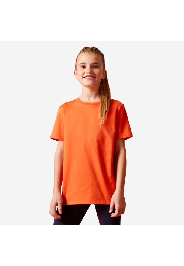 DOMYOS - Koszulka z krótkim rękawem dziecięca Domyos. Kolor: pomarańczowy. Materiał: tkanina, bawełna, prążkowany, materiał. Długość rękawa: krótki rękaw. Długość: krótkie