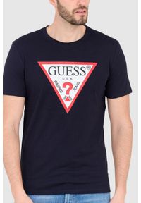 Guess - GUESS Granatowy męski t-shirt bawełniany slim fit, Rozmiar XL. Kolor: niebieski. Materiał: bawełna