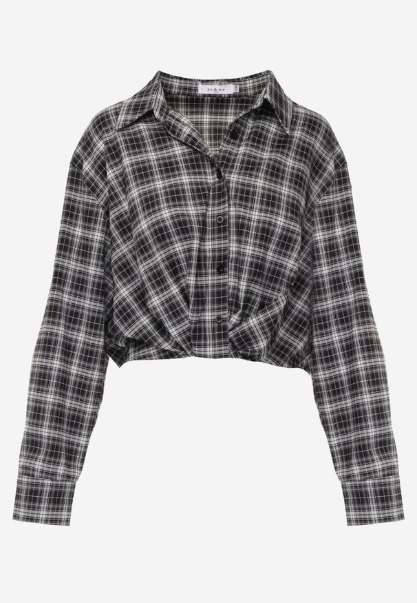 Born2be - Czarna Krótka Bawełniana Koszula w Kratę z Marszczeniem Wenatia. Okazja: na co dzień. Kolor: czarny. Materiał: bawełna. Długość: krótkie. Styl: casual