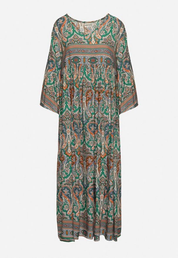 Born2be - Zielona Długa Sukienka Rozkloszowana z Rękawami 3/4 we Wzór Paisley Amarethia. Kolor: zielony. Wzór: paisley. Styl: boho. Długość: maxi